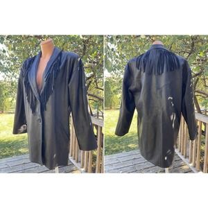 Size fits L Black Deerskin Leather Fringed Shawl Collar Jacket Coat